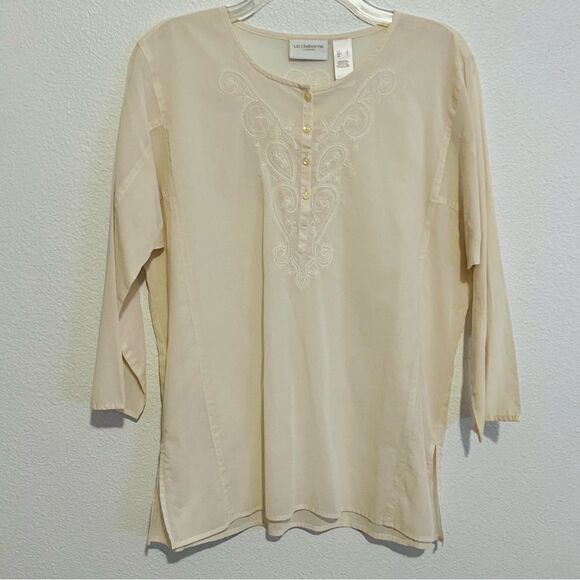 NWOT LIZ CLAIBORNE Neutral Ivory Cotton Embroidered Relaxed Split Neck Tunic L - Picture 1 of 15